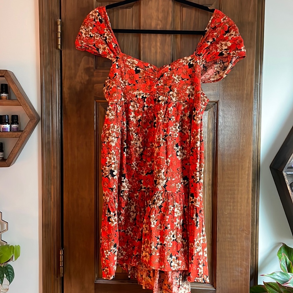 Free People Orange Black and Brown Floral Cap sleeved summer dress sundress